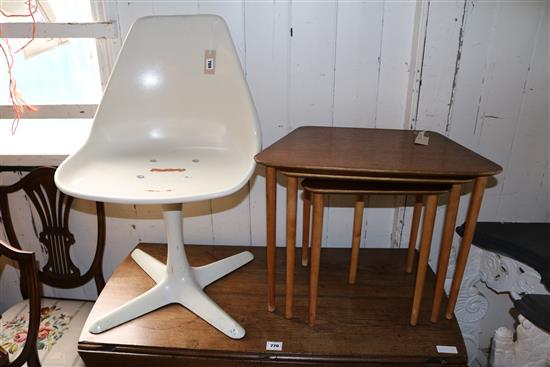 Maurice Burke for Arkana, a white finish 115 chair (lacks seat cushion) and a nest of three Danish teak tea tables